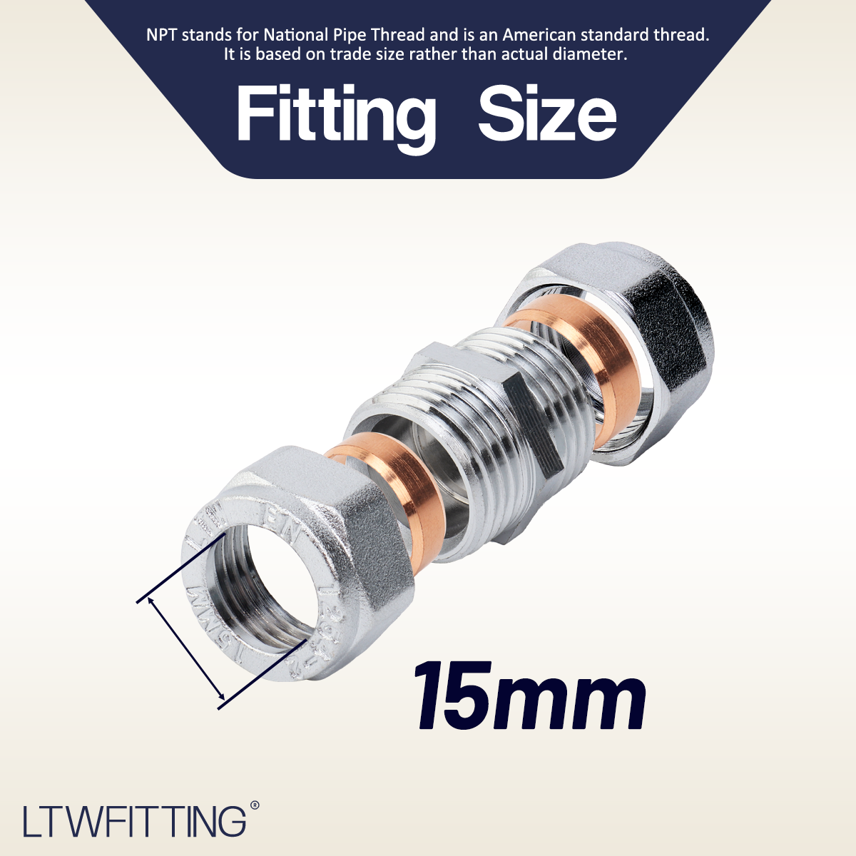 LTWFITTING Verchromter 15mm OD Compression Union, Messing Compression Fitting