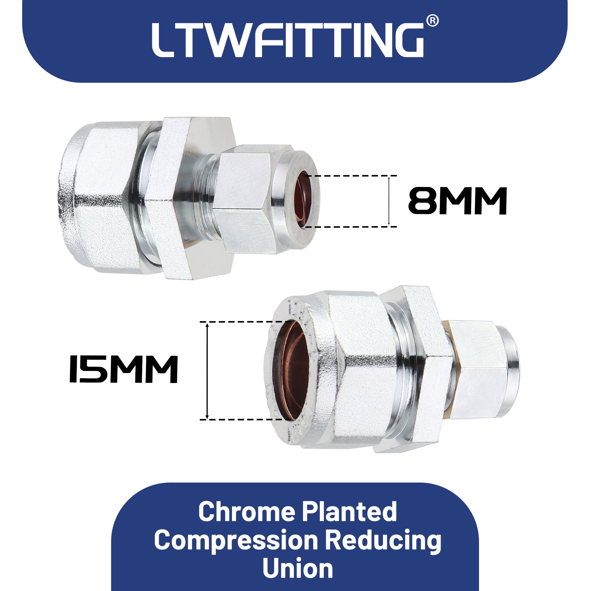 LTWFITTING verchromt 15mm OD x 8mm OD Compression Reducing Union, Messing Kompression Fitting