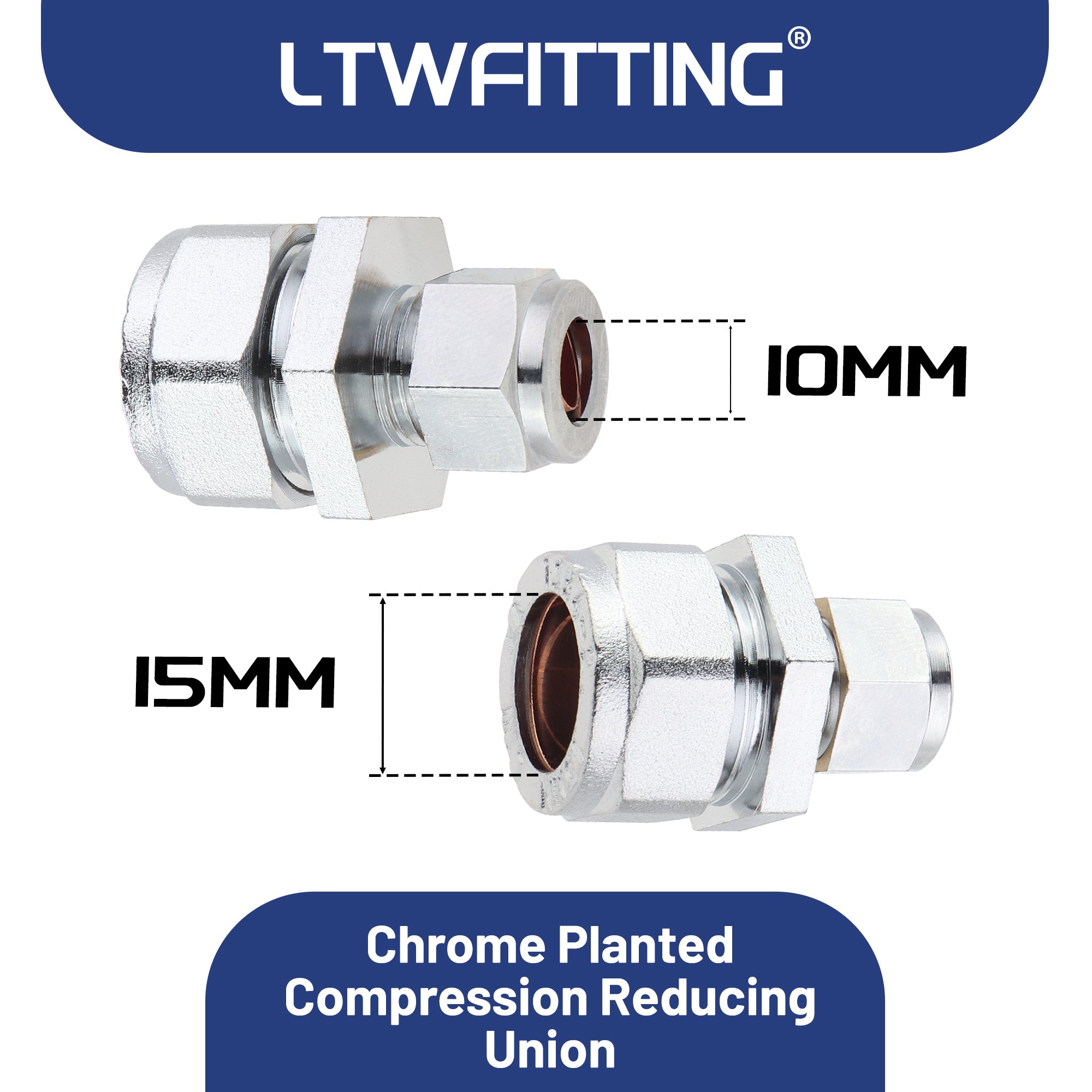 LTWFITTING verchromt 15mm OD x 10mm OD Compression Reducing Union, Messing Kompression Fitting