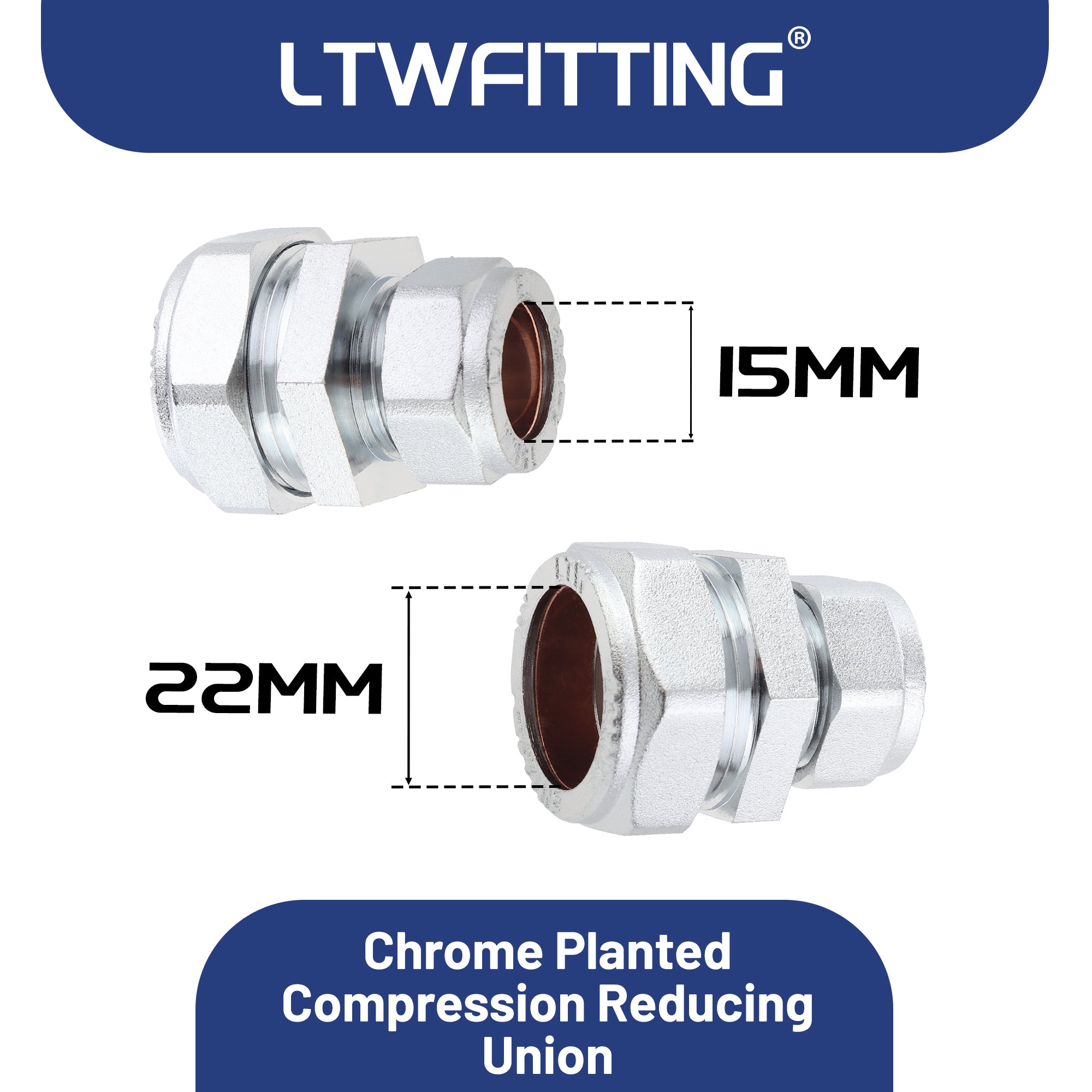 LTWFITTING verchromt 22mm OD x 15mm OD Compression Reducing Union, Messing Kompression Fitting