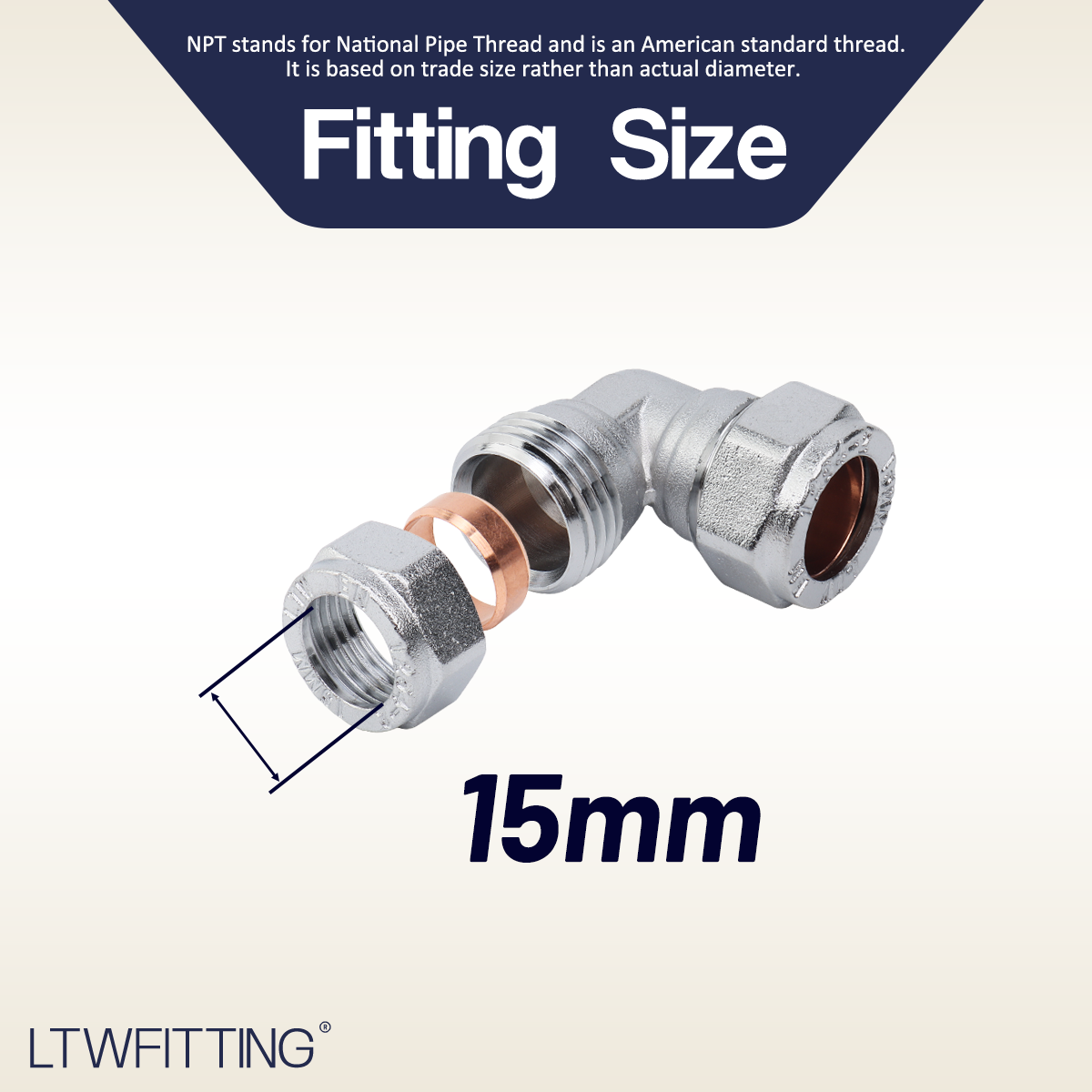 LTWFITTING Verchromter 90 Grad 15mm OD Kompressions Ellbogen, Messing Compression Fitting