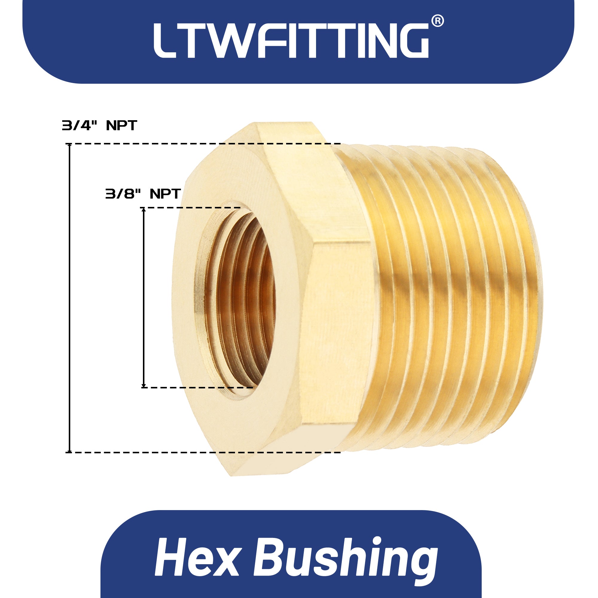 LTWFITTING Messing Fittings Reduzierstück mit Sechskant 3/4" IG Aussengewinde x 3/8" IG Innengewinde