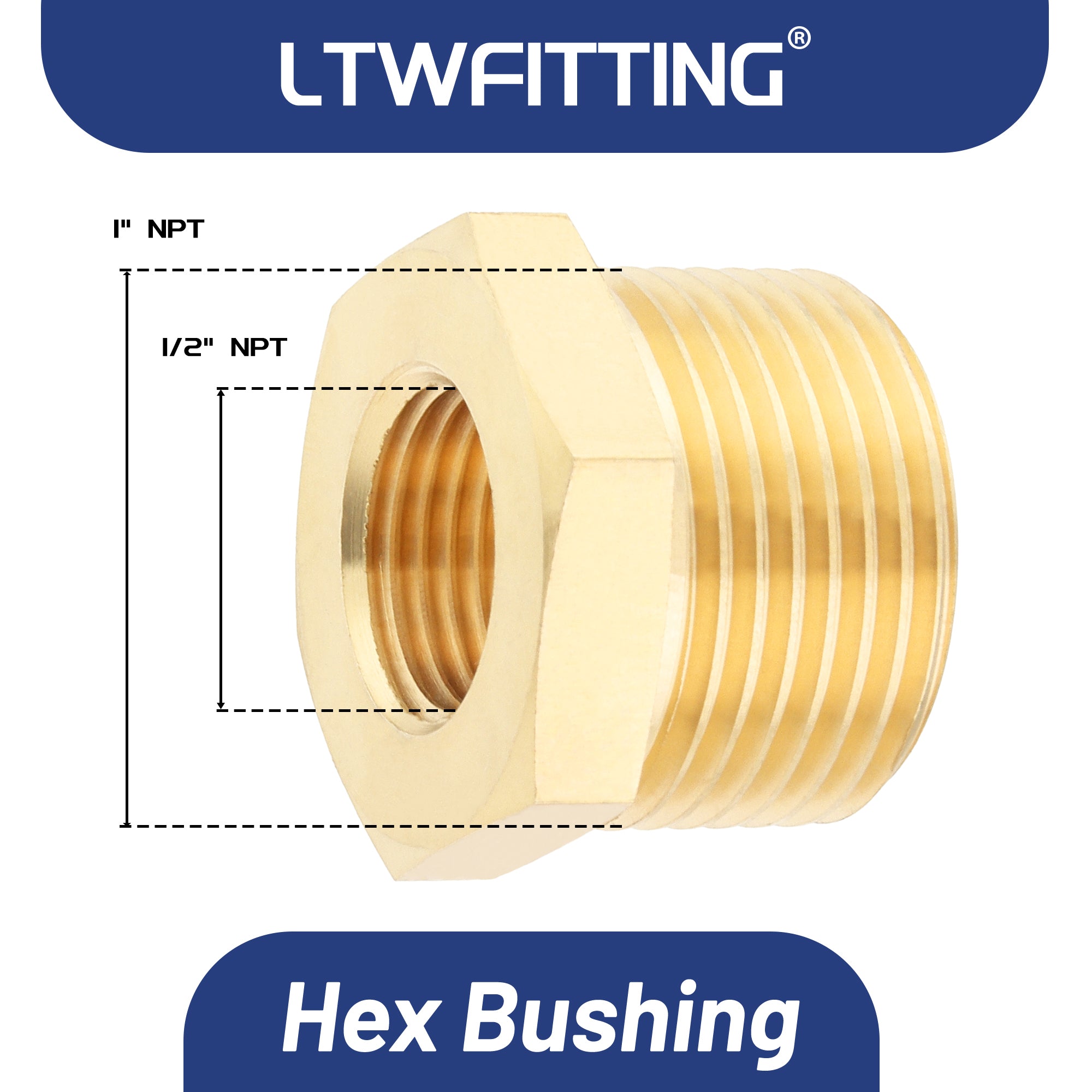 LTWFITTING Messing Fittings Reduzierstück mit Sechskant 1" IG Aussengewinde x 1/2" IG Innengewinde