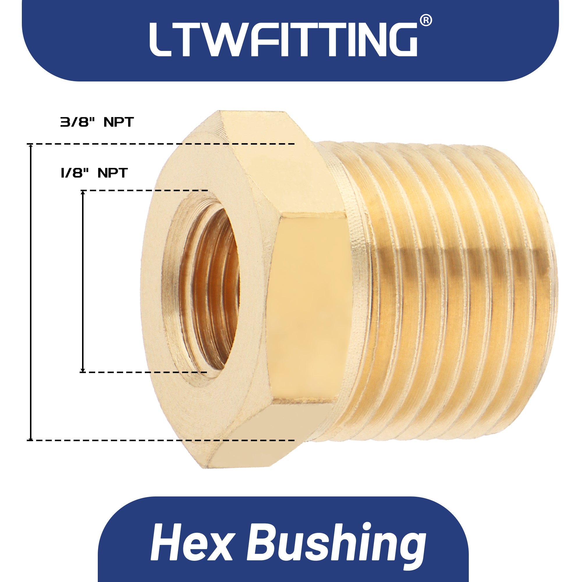 LTWFITTING Messing Fittings Reduzierstück mit Sechskant 3/8" IG Aussengewinde x 1/8" IG Innengewinde