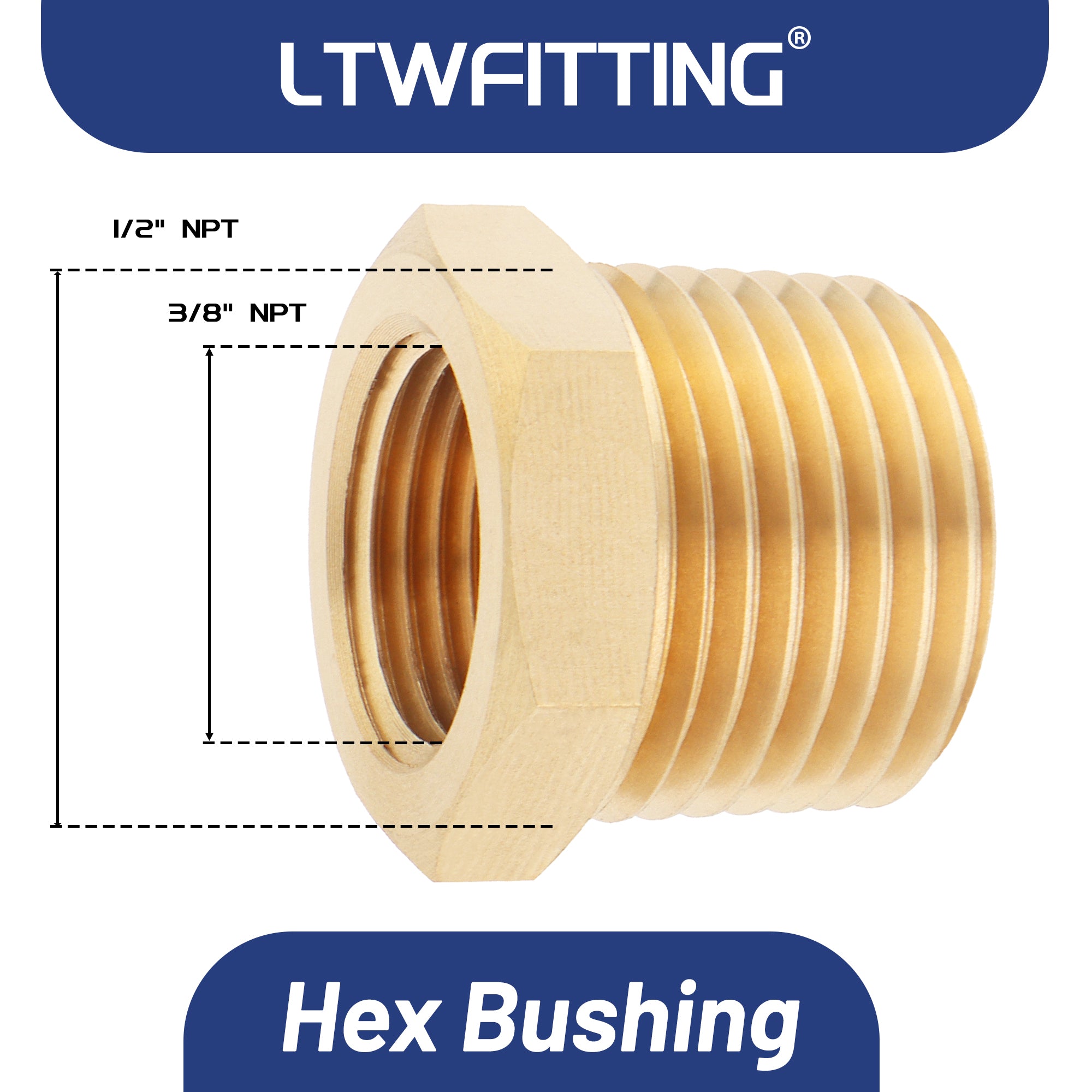 LTWFITTING Messing Fittings Reduzierstück mit Sechskant 1/2" IG Aussengewinde x 3/8" IG Innengewinde