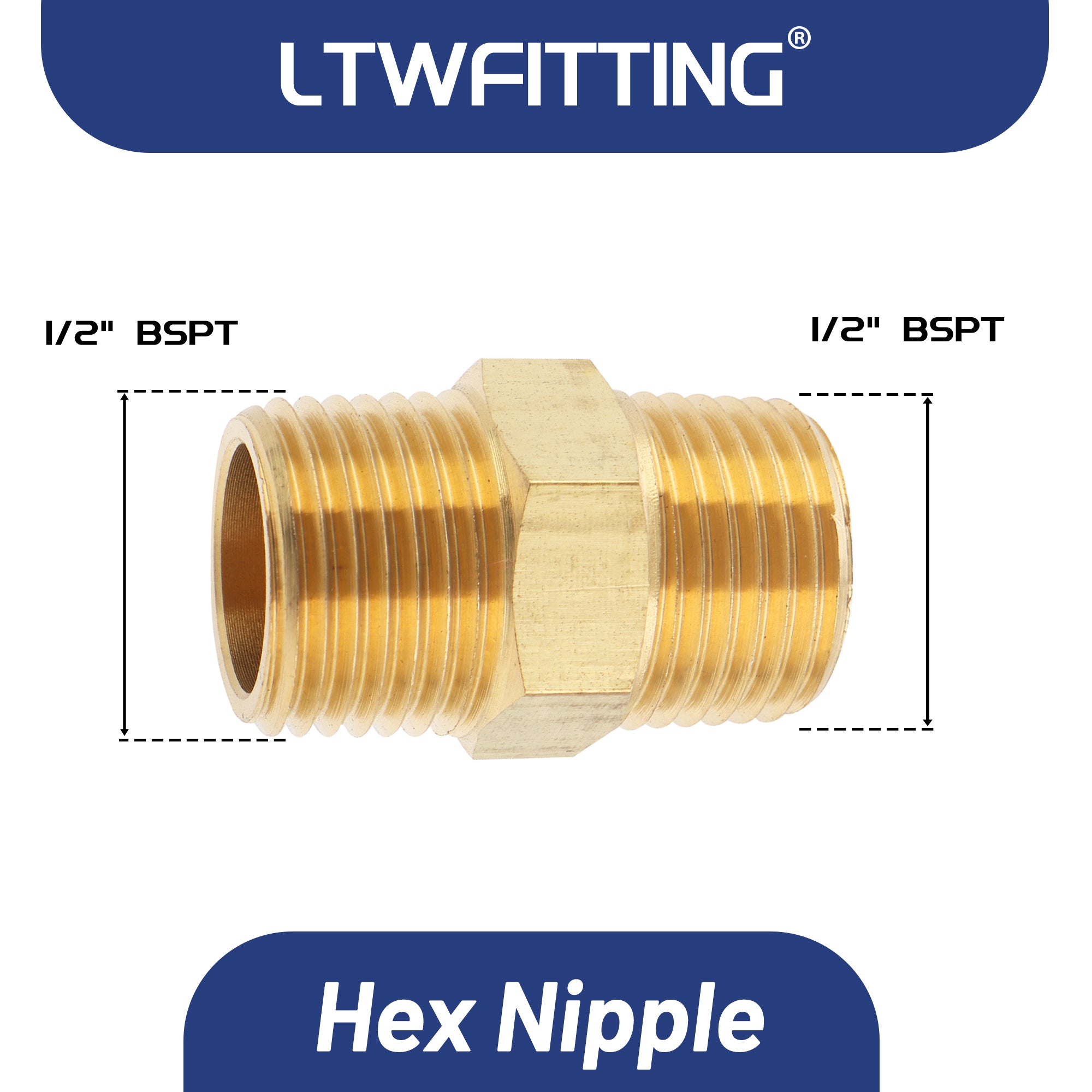 LTWFITTING Messing Fittings Doppelnippel mit Sechskant 1/2" R Aussengewinde