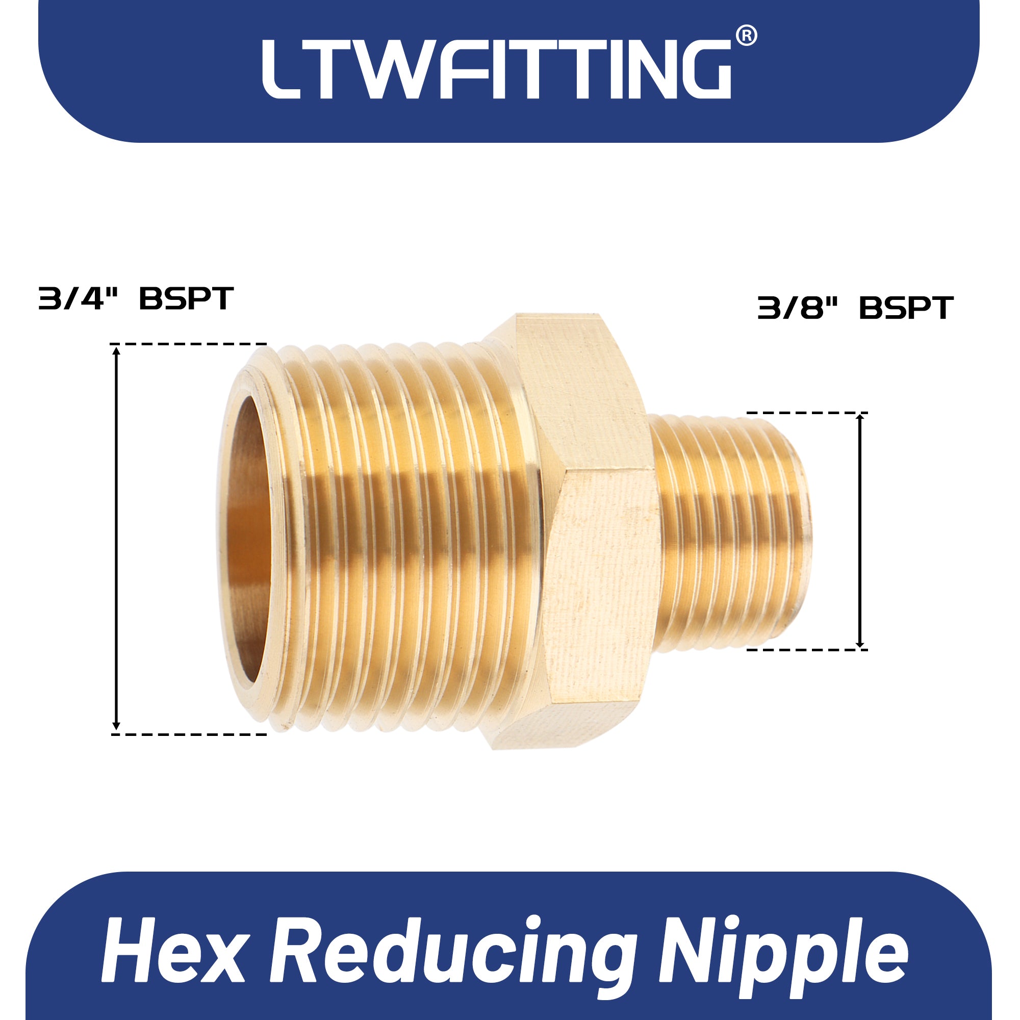 LTWFITTING Messing Fittings Doppelnippel reduziert mit Sechskant 3/4" R x 3/8" R Aussengewinde