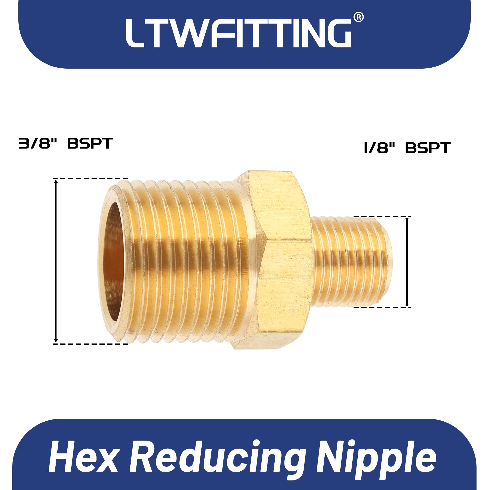 LTWFITTING Messing Fittings Doppelnippel reduziert mit Sechskant 3/8" R x 1/8" R Aussengewinde