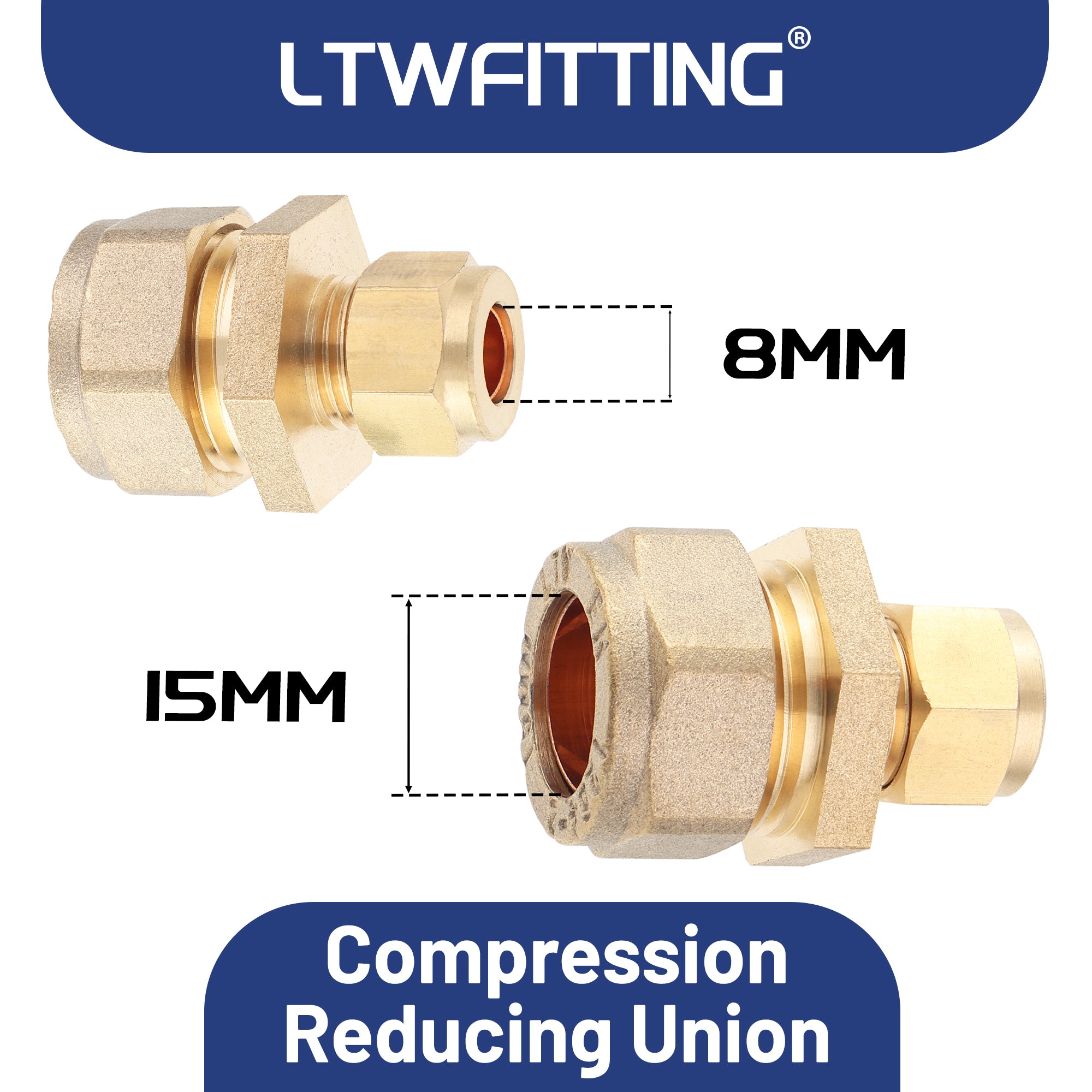 LTWFITTING verchromt 15mm OD x 8mm OD Compression Reducing Union, Messing Kompression Fitting