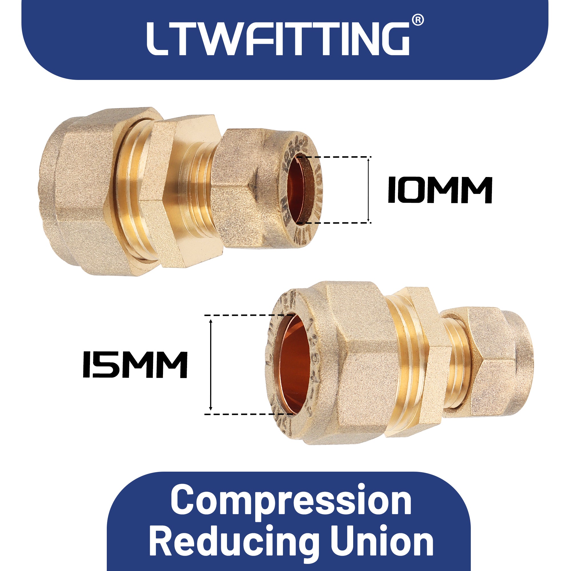 LTWFITTING 15mm OD x 10mm OD Compression Reducing Union, Brass Compression Fitting