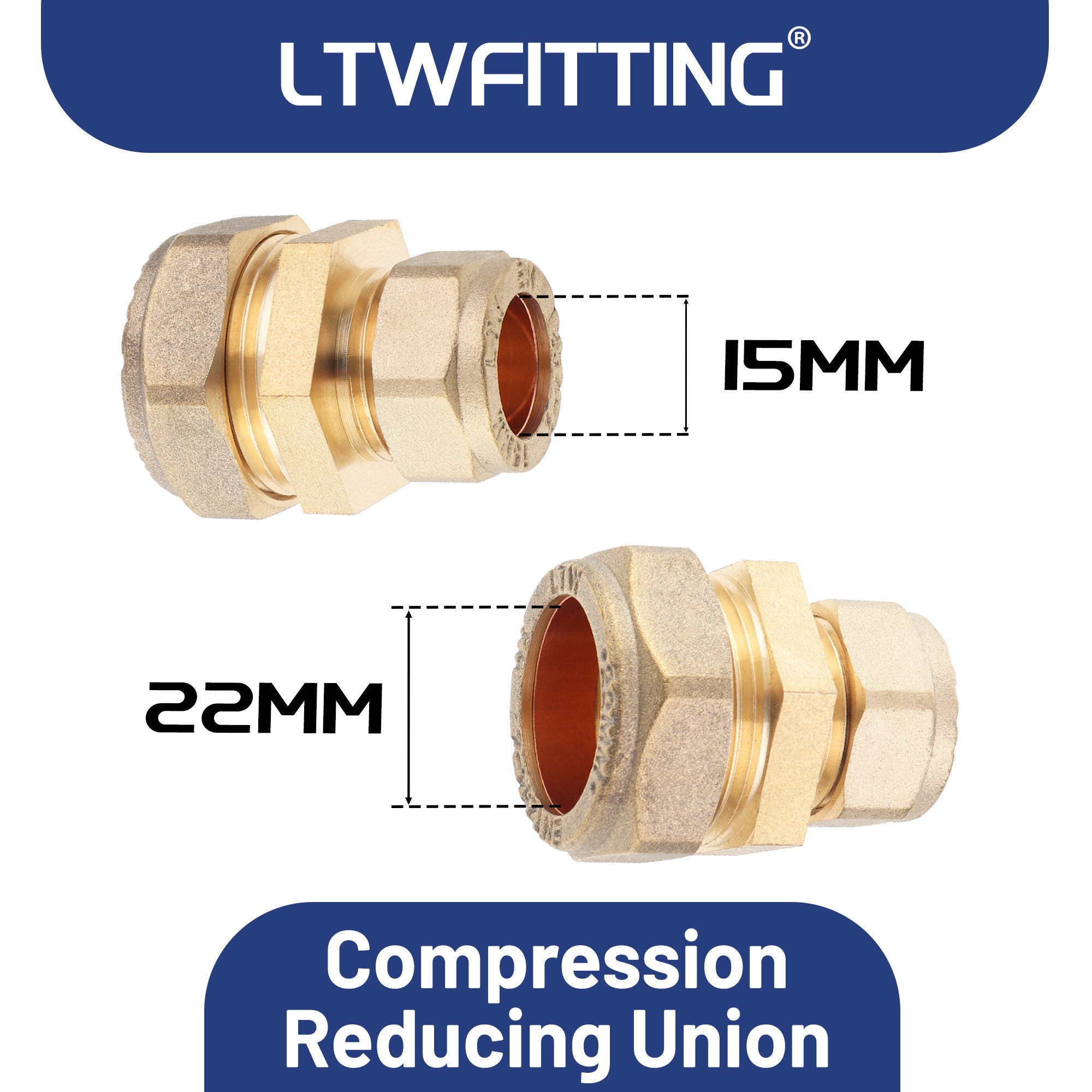 LTWFITTING verchromt 22mm OD x 15mm OD Compression Reducing Union, Messing Kompression Fitting