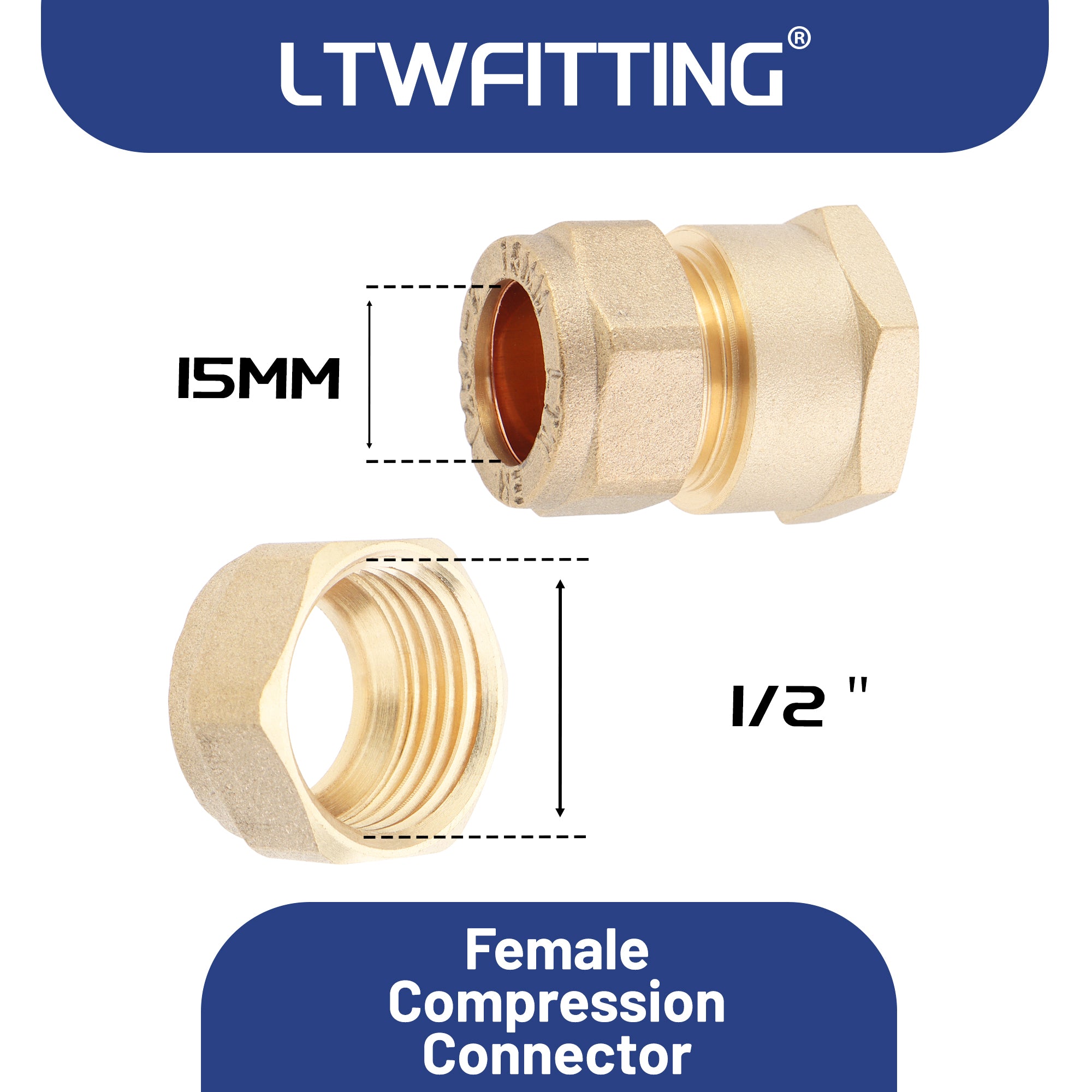 LTWFITTING Brass 15mm OD x 1/2 Zoll Female IG Compression Connector Fitting